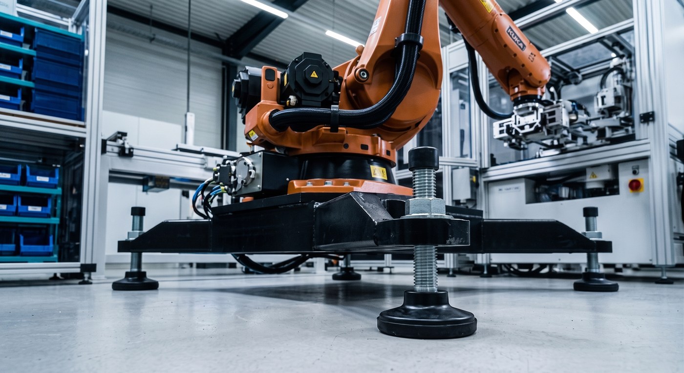 Fabrika zemininde endüstriyel robotu destekleyen makine ayakları